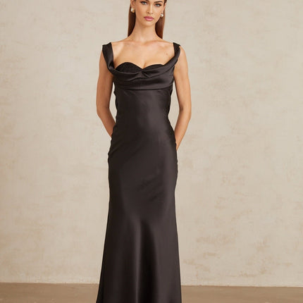 Frances Black Satin Corset Maxi Dress with Cowl Neck and Self-Tie Detail