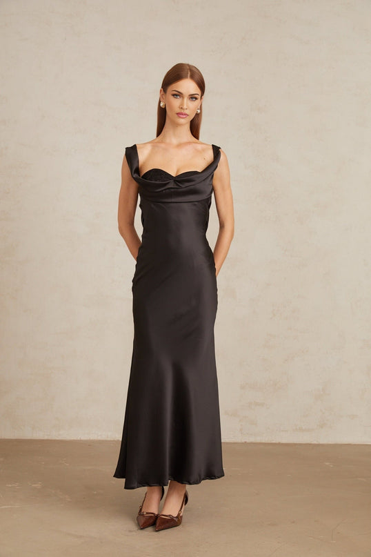 Frances Black Satin Corset Maxi Dress with Cowl Neck and Self-Tie Detail