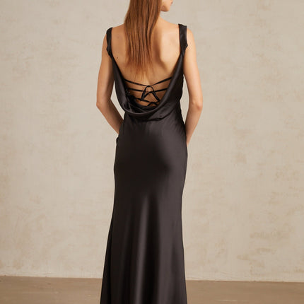 Frances Black Satin Corset Maxi Dress with Cowl Neck and Self-Tie Detail