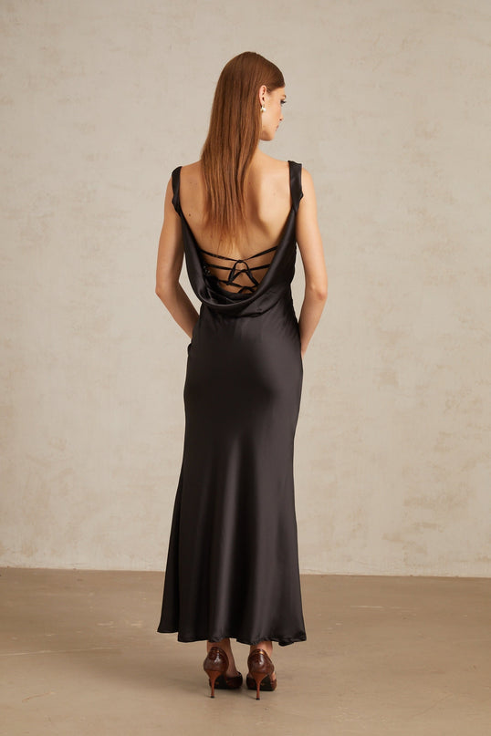 Frances Black Satin Corset Maxi Dress with Cowl Neck and Self-Tie Detail