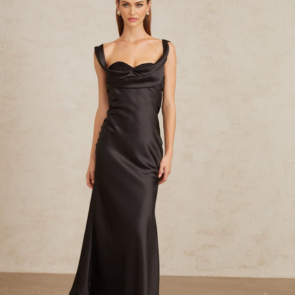Frances Black Satin Corset Maxi Dress with Cowl Neck and Self-Tie Detail