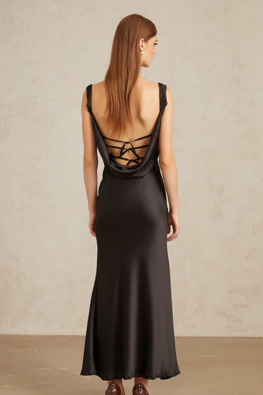 Frances Black Satin Corset Maxi Dress with Cowl Neck and Self-Tie Detail