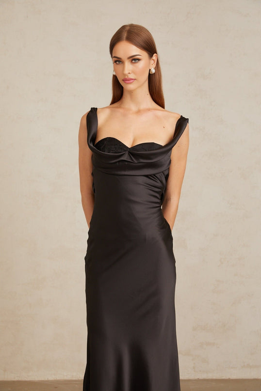 Frances Black Satin Cowl Neck Maxi Dress with Self-Tie Detail