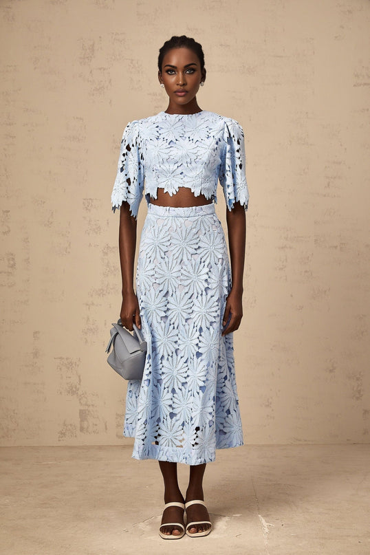 Frances Blue Guipure Lace Skirt Top Set