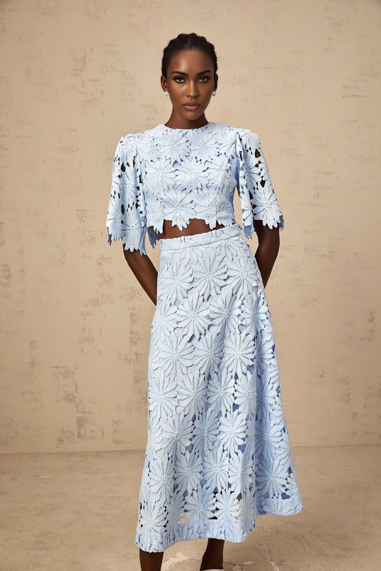 Frances Blue Guipure Lace Skirt Top Set