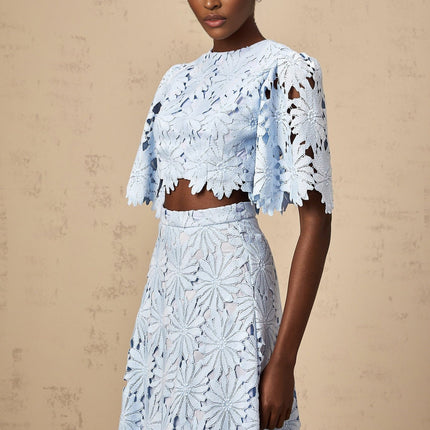 Frances Blue Guipure Lace Skirt Top Set Floral Embroidery Scalloped Trim Flared Hem