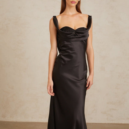 Frances Black Satin Corset Maxi Dress Cowl Neck Sleeveless Self-Tie Detail Built-In Cups Cinched Waist Side Zip Fastening 100% Terylene Fiber Elegant Graceful