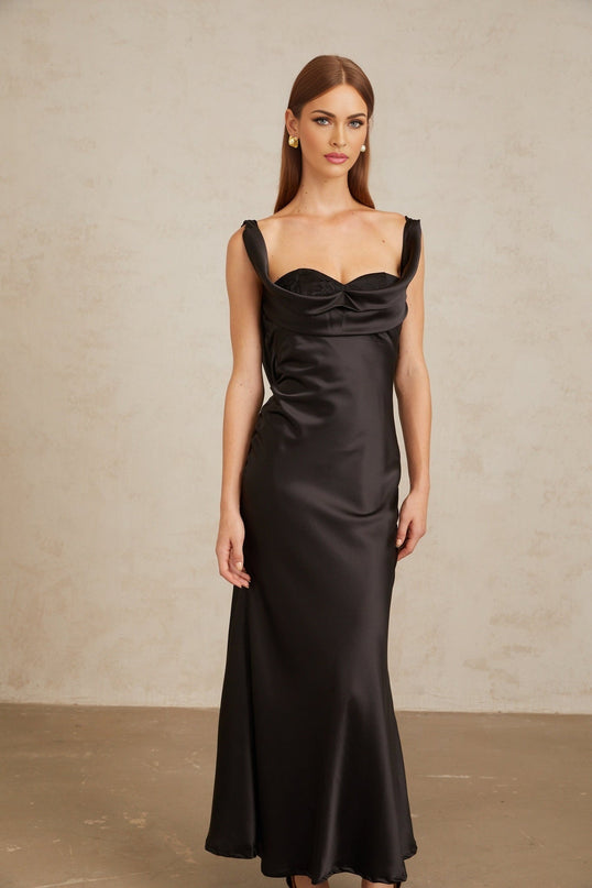 Frances Black Satin Corset Maxi Dress Cowl Neck Sleeveless Self-Tie Detail Built-In Cups Cinched Waist Side Zip Fastening 100% Terylene Fiber Elegant Graceful