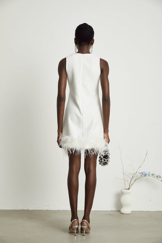Frances White Crystal Embellished Feather Mini Dress