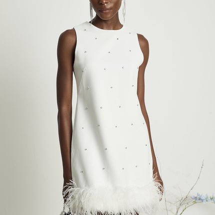 Frances White Crystal Embellished Feather Mini Dress