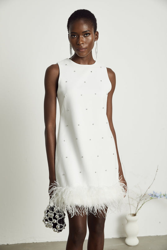 Frances White Crystal Embellished Feather Mini Dress
