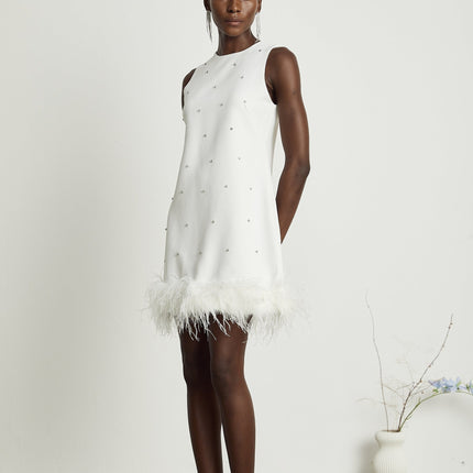 Frances White Crystal Embellished Feather Mini Dress