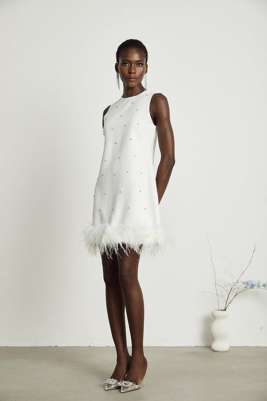Frances White Crystal Embellished Feather Mini Dress