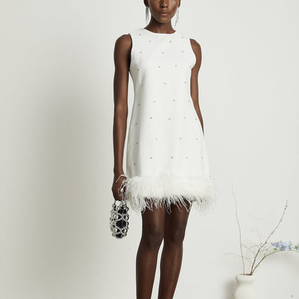 Frances White Crystal Embellished Mini Dress with Feather Detailing