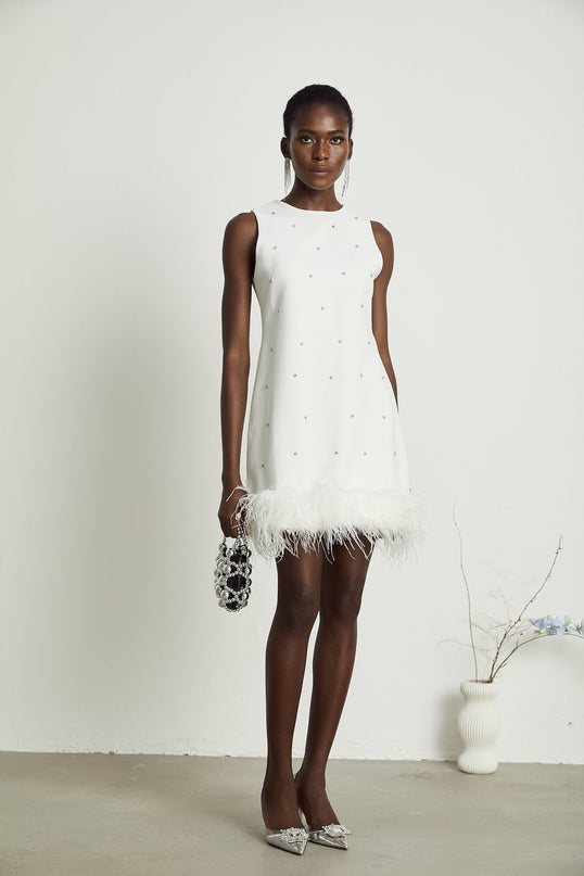 Frances White Crystal Embellished Mini Dress with Feather Detailing