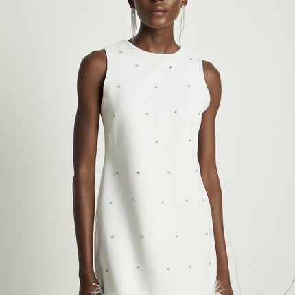 Frances White Crystal Embellished Mini Dress with Feather Detailing