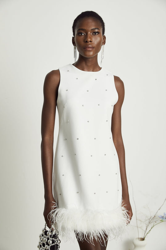 Frances White Crystal Embellished Mini Dress with Feather Detailing