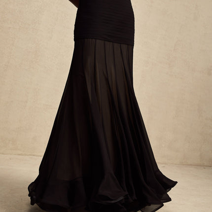 Francesca Black Maxi Dress with Tulle Pleat Ruched and Ruffled details in 100% Polyester fiber