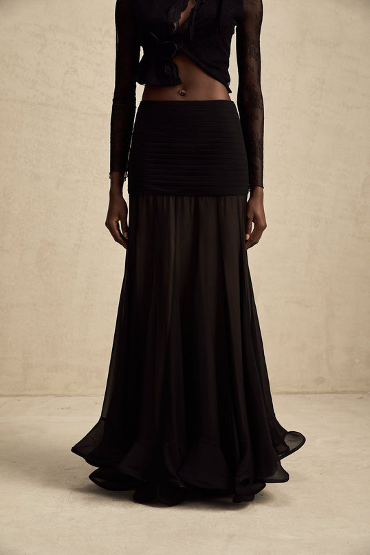 Francesca Black Maxi Dress Tulle Pleat Ruched Ruffled Hem Concealed Zip 100 Polyester