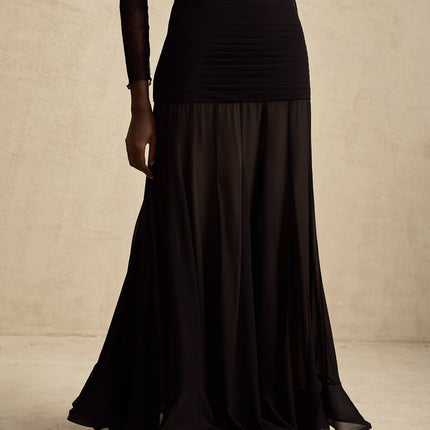 Francesca Black Maxi Dress with Tulle Pleat Ruched and Ruffled Detailing in 100% Polyester Fiber