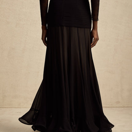 Francesca Black Maxi Dress with Tulle Pleat Ruched and Ruffled details in 100% Polyester fiber