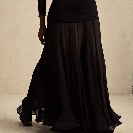 Francesca Black Pleated Tulle Maxi Dress Ruched Detailing Ruffled Hem 100% Polyester