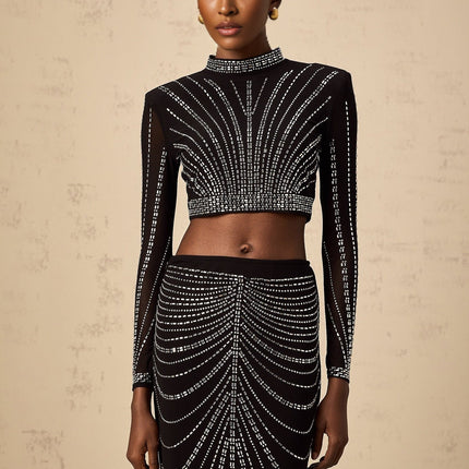 Francesca Black Rhinestone Mesh Skirt Top Set