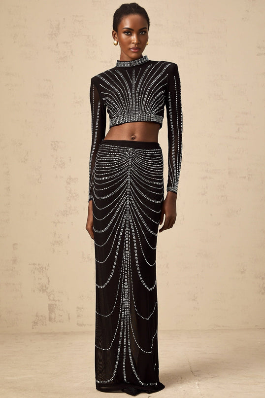 Francesca Black Rhinestone Mesh Skirt Top Set