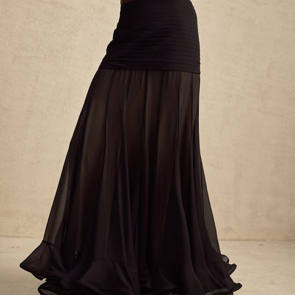 Francesca Black Tulle Pleat Ruched Ruffled Maxi Dress