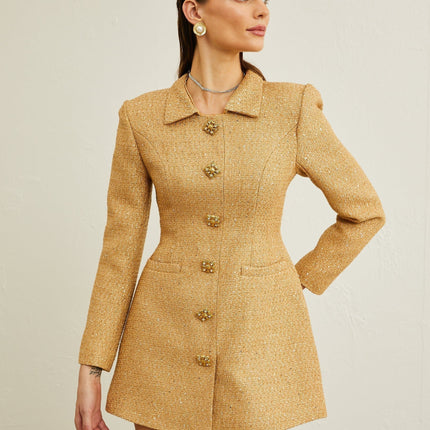 Franceschina Gold Tweed Long Sleeve Mini Dress with Embossed Buttons
