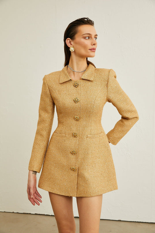 Franceschina Gold Tweed Long Sleeve Mini Dress with Embossed Buttons