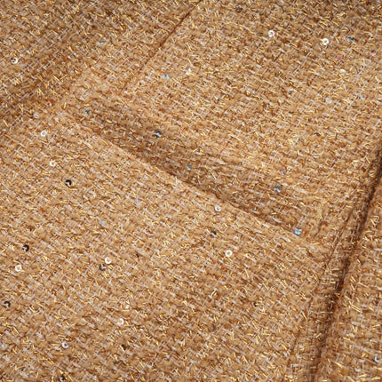 Franceschina Gold Tweed Long Sleeve Mini Dress Embossed Buttons Classic Collar Patch Pockets Straight Hem Polyester