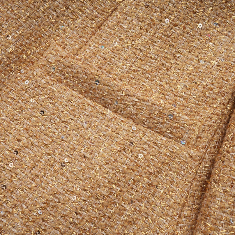 Franceschina Gold Tweed Long Sleeve Mini Dress Embossed Buttons Classic Collar Patch Pockets Straight Hem Polyester