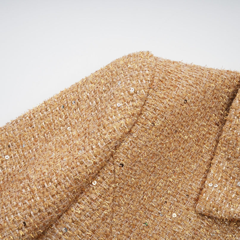 Franceschina Gold Tweed Long Sleeve Mini Dress Embossed Buttons Patch Pockets Straight Hem Polyester