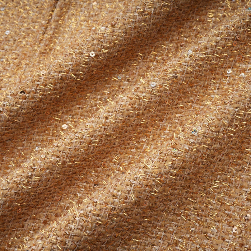 Franceschina Gold Tweed Long Sleeve Mini Dress Embossed Buttons Classic Collar Patch Pockets Straight Hem 100 Percent Polyester