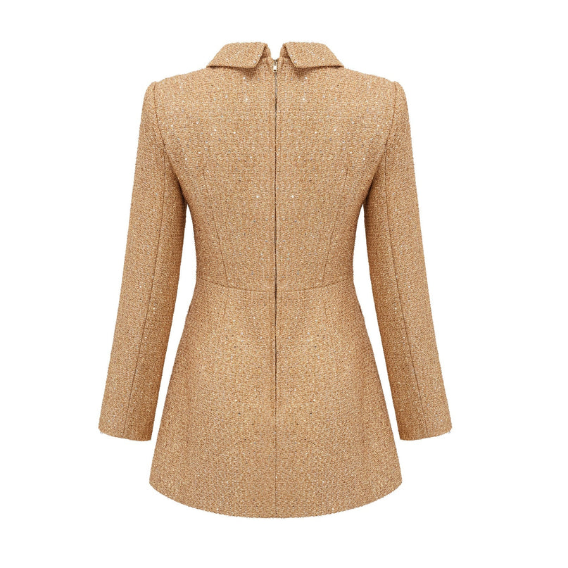 Franceschina Gold Tweed Long Sleeve Mini Dress with Embossed Buttons and Patch Pockets