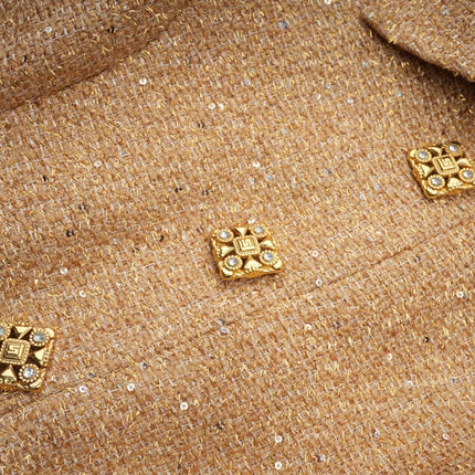 Franceschina Gold Tweed Long Sleeve Mini Dress Embossed Buttons Patch Pockets Straight Hem Polyester
