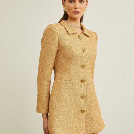 Franceschina Gold Tweed Long Sleeve Mini Dress with Embossed Buttons