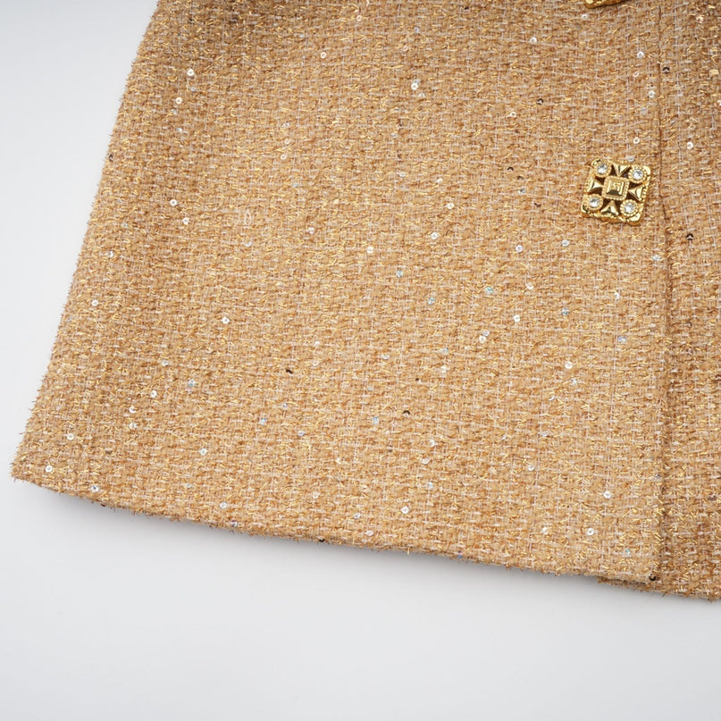 Franceschina Gold Tweed Long Sleeve Mini Dress with Embossed Buttons and Patch Pockets