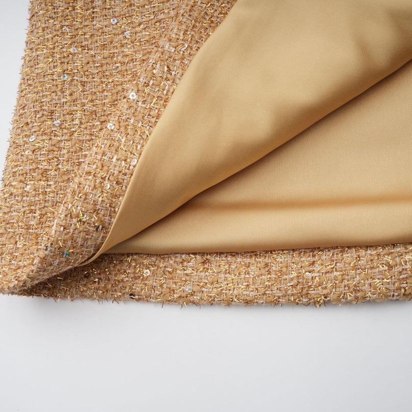 Franceschina Gold Tweed Long Sleeve Mini Dress Embossed Buttons Classic Collar Patch Pockets Straight Hem Polyester