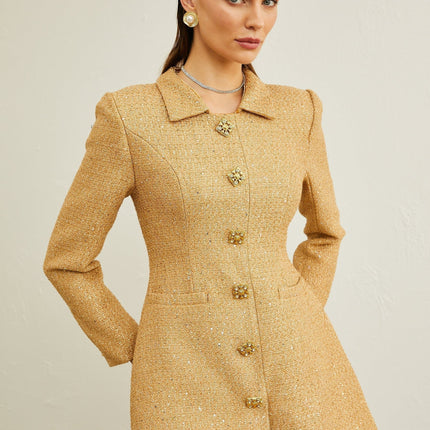 Franceschina Gold Tweed Long Sleeve Mini Dress Embossed Buttons Classic Collar Patch Pockets Straight Hem Polyester