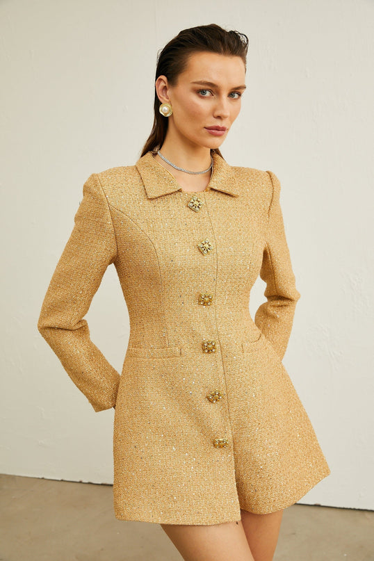 Franceschina Gold Tweed Long Sleeve Mini Dress Embossed Buttons Classic Collar Patch Pockets Straight Hem Polyester