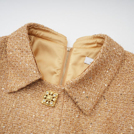 Franceschina Gold Tweed Long Sleeve Mini Dress Embossed Buttons Classic Collar Patch Pockets Straight Hem Polyester