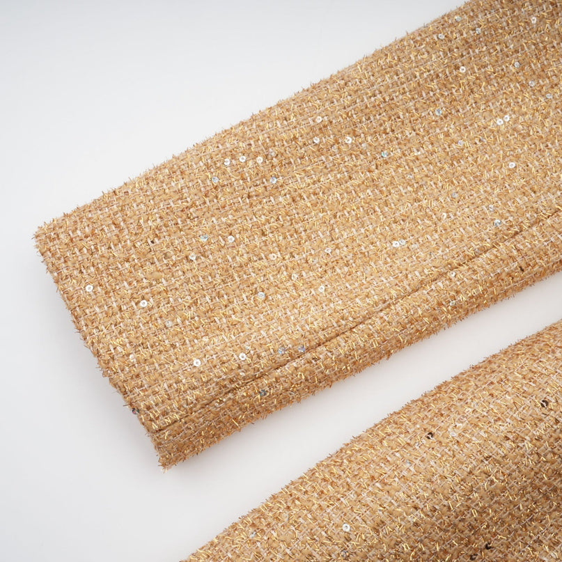 Franceschina Gold Tweed Long Sleeve Mini Dress Embossed Buttons Classic Collar Patch Pockets Straight Hem Polyester