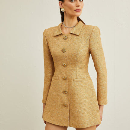Franceschina Gold Tweed Long Sleeve Mini Dress Embossed Buttons Classic Collar Patch Pockets Straight Hem Polyester