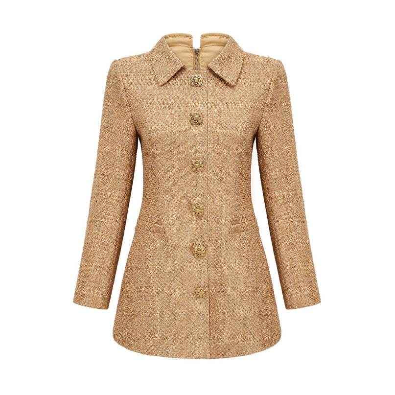 Franceschina Gold Tweed Long Sleeve Mini Dress with Embossed Buttons