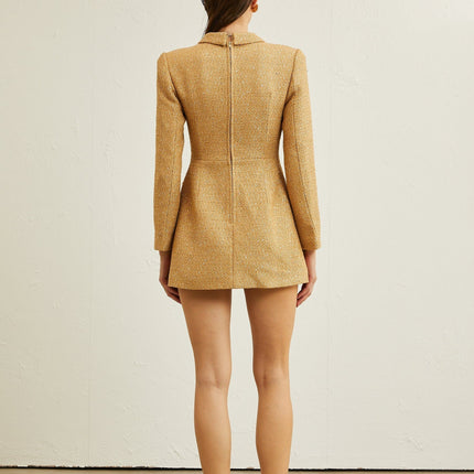 Franceschina Gold Tweed Long Sleeve Mini Dress Embossed Buttons Patch Pockets Straight Hem
