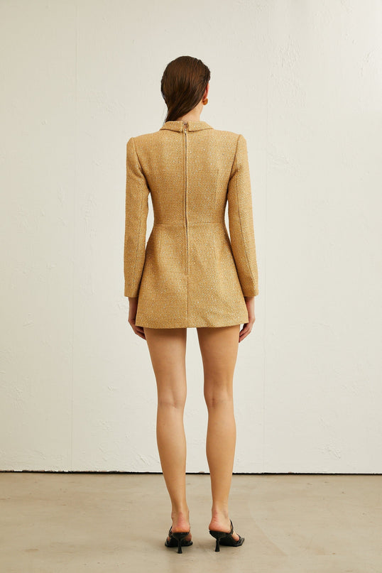 Franceschina Gold Tweed Long Sleeve Mini Dress Embossed Buttons Patch Pockets Straight Hem