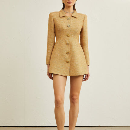 Franceschina Gold Tweed Long Sleeve Mini Dress with Embossed Buttons and Patch Pockets
