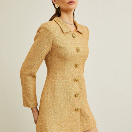 Franceschina Gold Tweed Long Sleeve Mini Dress with Embossed Buttons and Patch Pockets